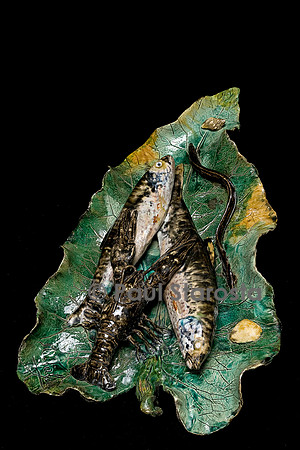 Feuille galbée avec poissons et écrevisse