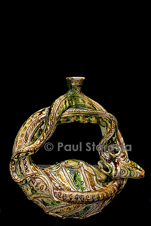 Gourde en terre cuite, glaçure plombifère en forme de serpent à tête de dragon