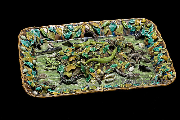 Plateau creux rectangulaire en porcelaine dure émaillée avec monticule central aux lézards verts