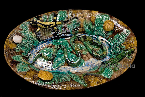 Plat ovale au serpent central, lézard vert et salamandre