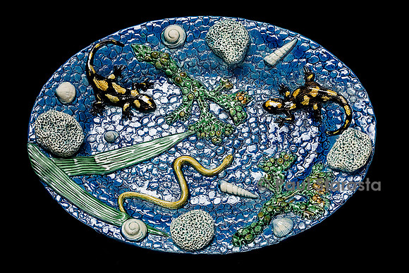Plat ovale avec salamandres et mousses