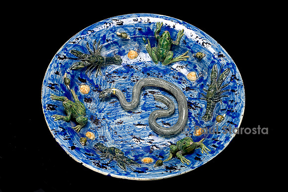 Plat rond rustique au couleuvre à collier, grenouille et écrevisse sur fond bleu
