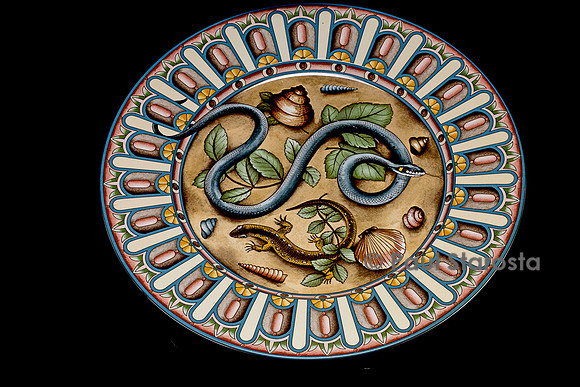 Plat rond en porcelaine, hommage à Bernard Palissy 1988. Signé