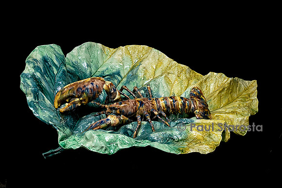 Très grande feuille vert bleuté et jaune en terre cuite glaçure plombifère avec homard